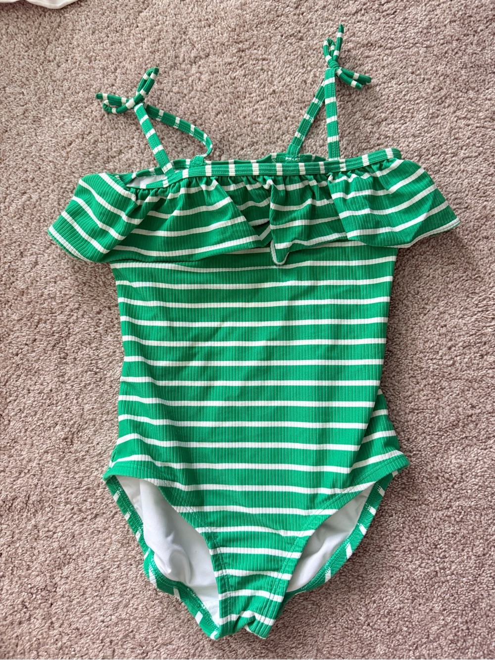 Hanna Andersson Green and White Striped Ruffle One-Piece Swimsuit